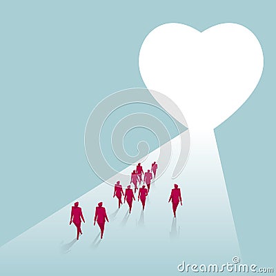 A group of businessmen walk towards a heart shaped symbol. Vector Illustration